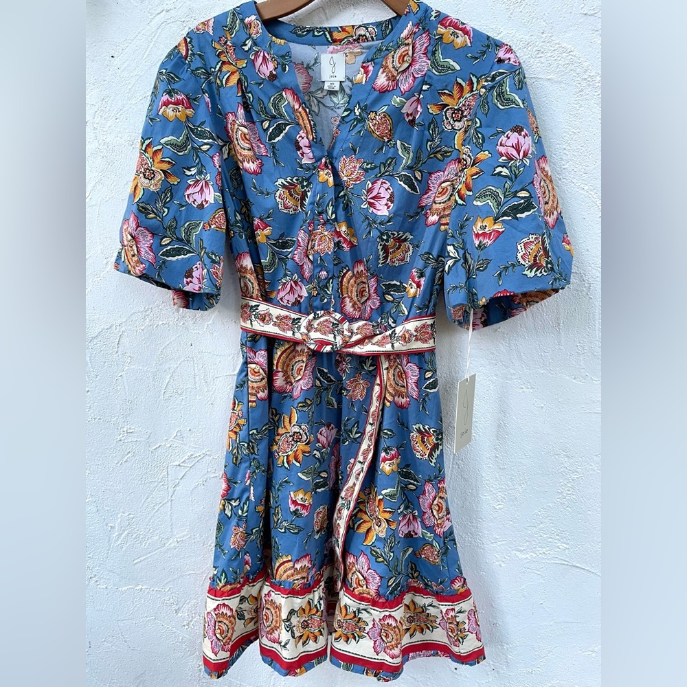 NWT Joie Baja Floral Blue Dress with Puffed Sleeves and Belted Waist